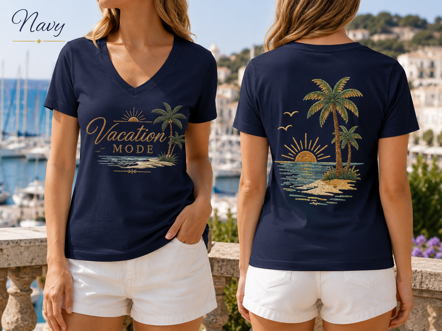Vacation Mode — Front & Back V-Neck Tee