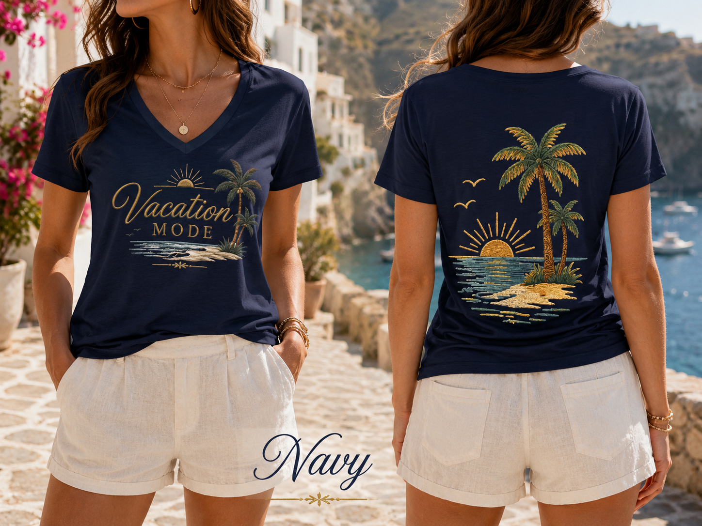 Vacation Mode — Front & Back V-Neck Tee