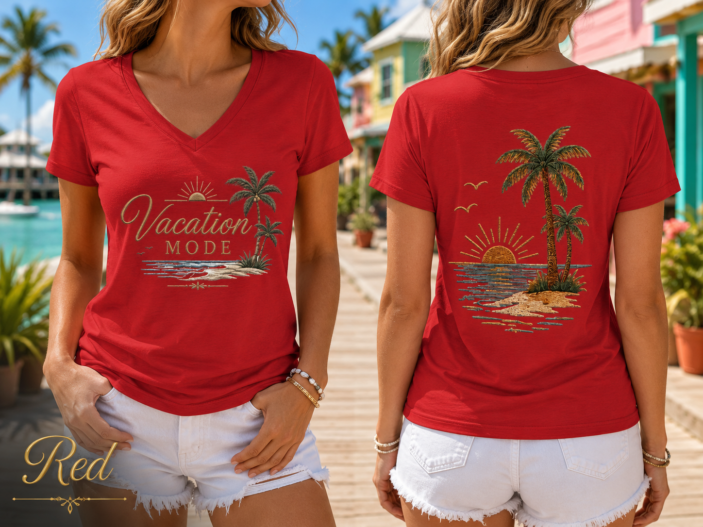 Vacation Mode — Front & Back V-Neck Tee