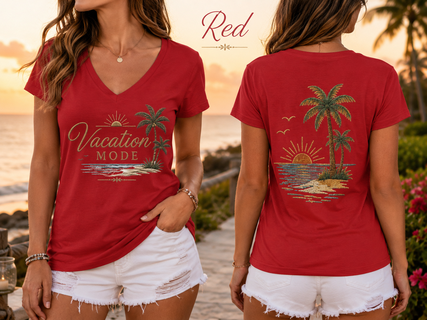 Vacation Mode — Front & Back V-Neck Tee