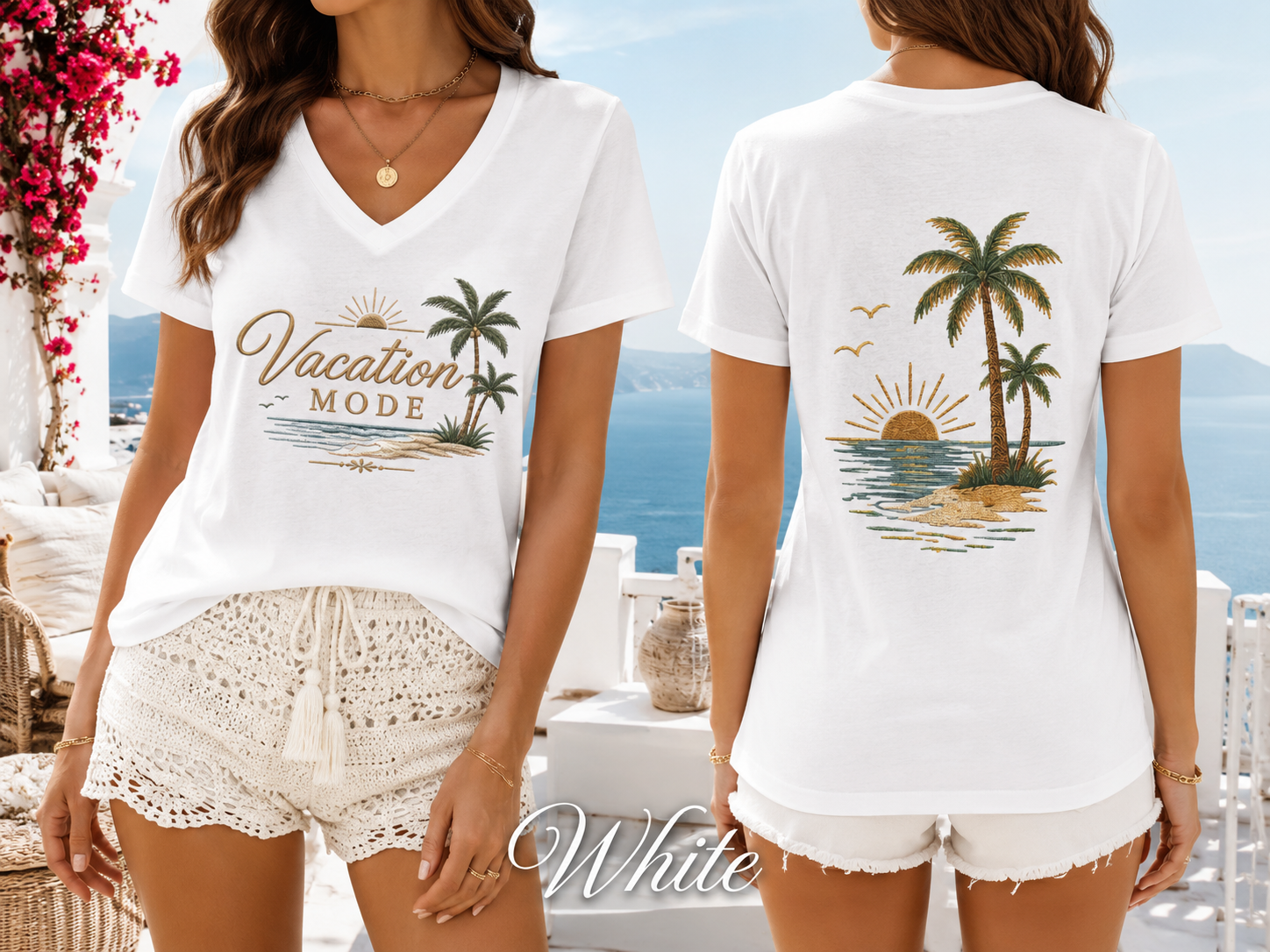 Vacation Mode — Front & Back V-Neck Tee