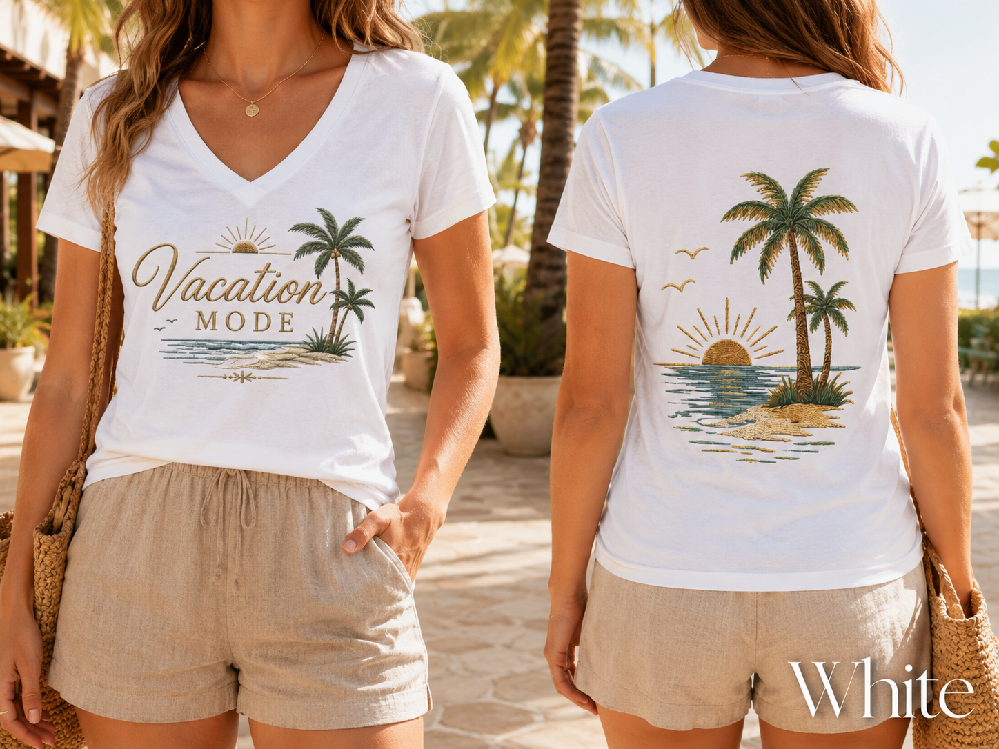 Vacation Mode — Front & Back V-Neck Tee