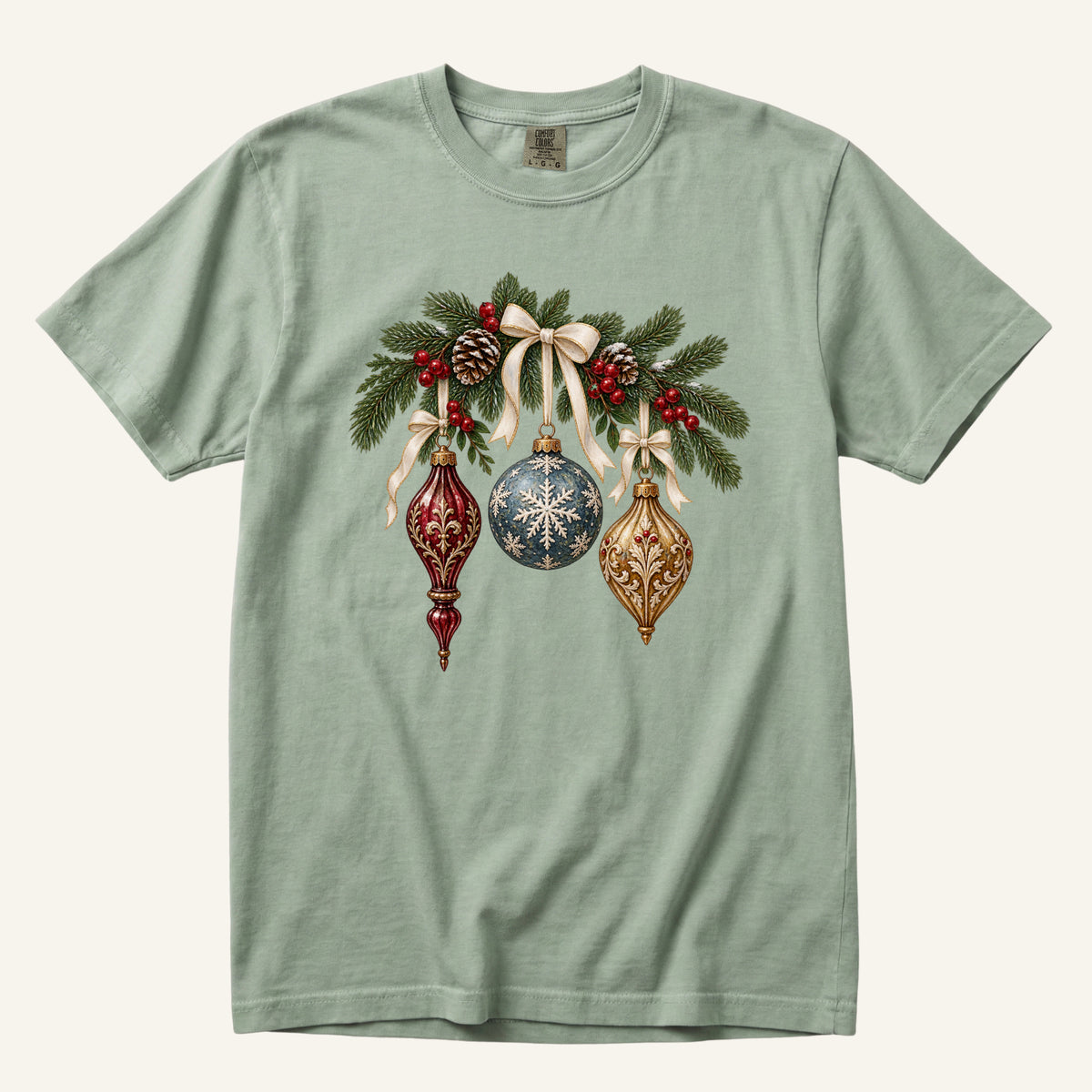 Vintage Christmas Ornaments T-Shirt in Bay — evergreen branches and vintage baubles, sizes S to 4XL