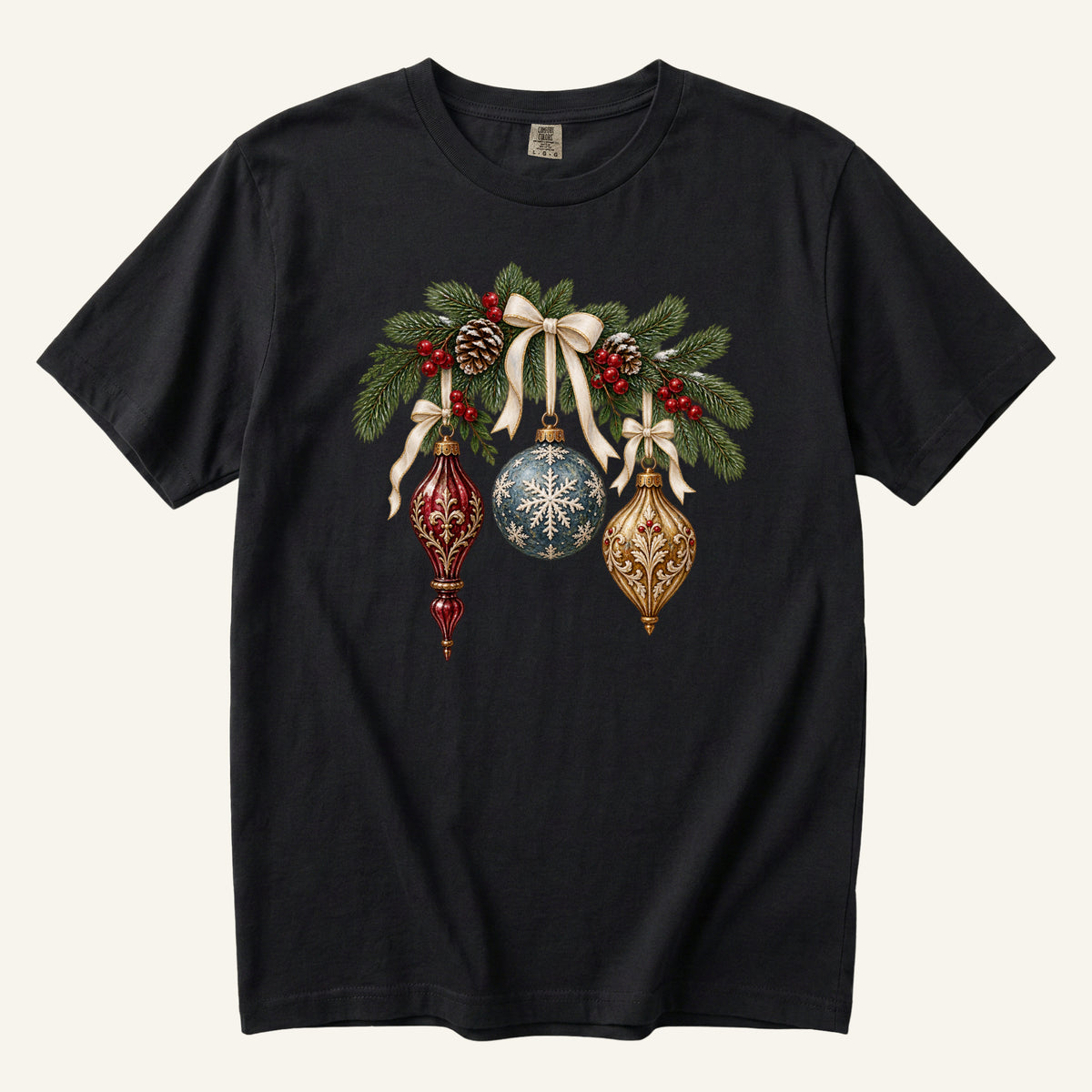 Vintage Christmas Ornaments T-Shirt in Black — antique gold and burgundy ornaments, made to order in the USA