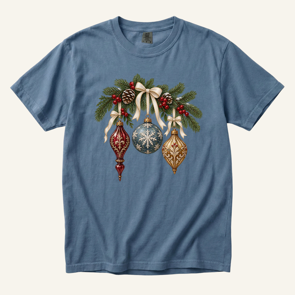 Vintage Christmas Ornaments T-Shirt in Blue Jean — the deep blue ornament against soft denim garment-dyed cotton