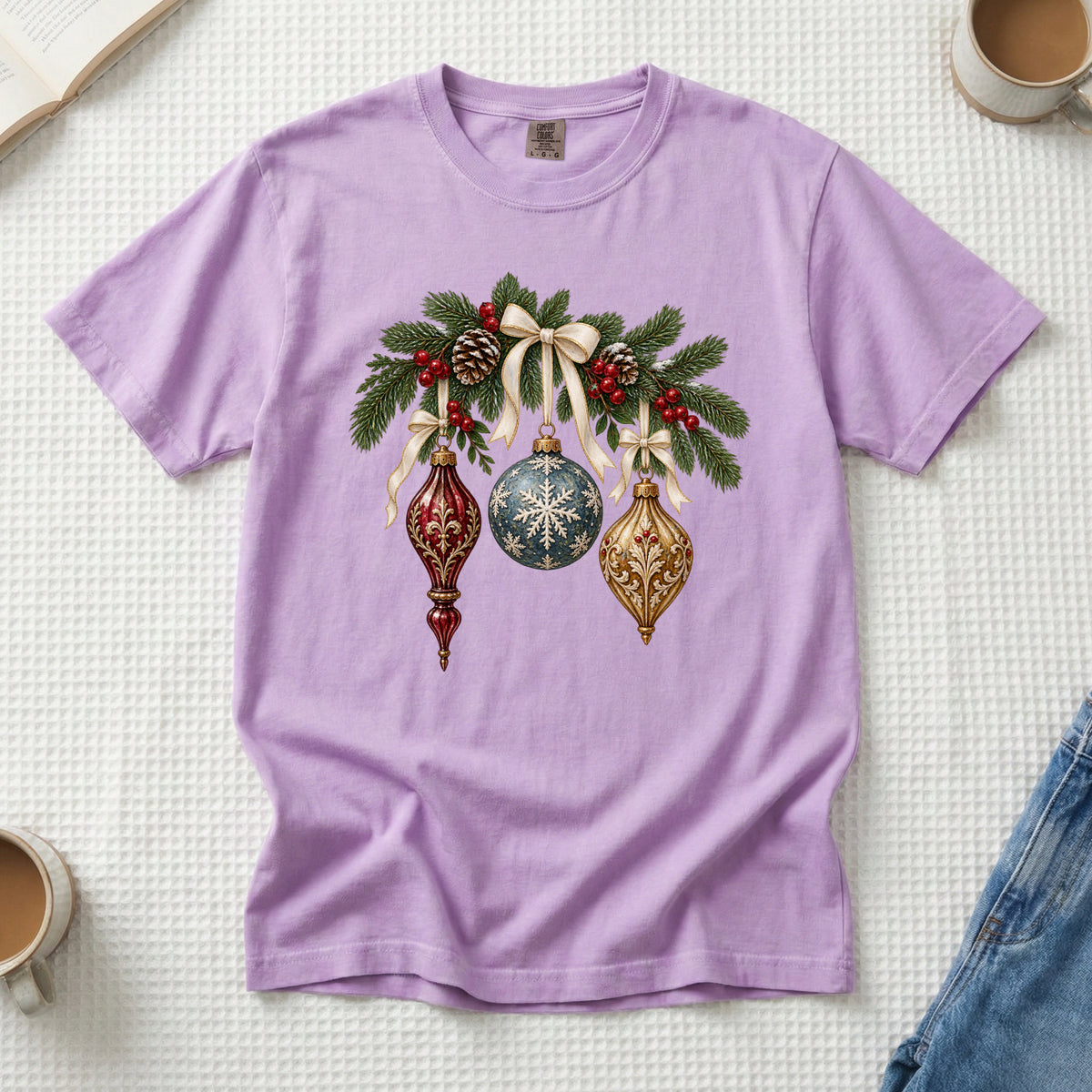 Vintage Christmas Ornaments T-Shirt in Orchid — a softer holiday option with vintage ornaments