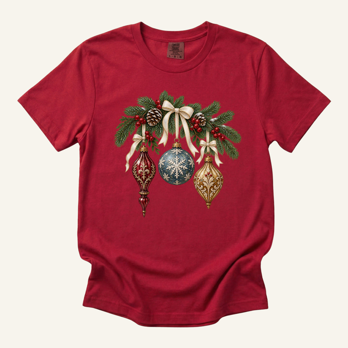 Vintage Christmas Ornaments T-Shirt in Red — traditional holiday botanical tee with a cream ribbon