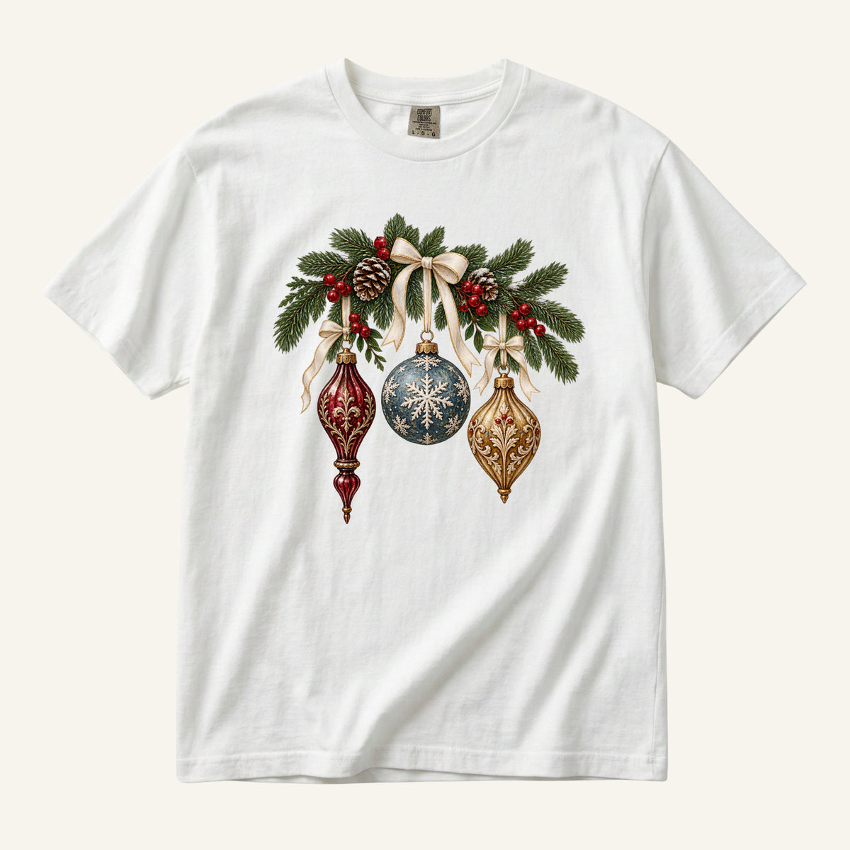Vintage Christmas Ornaments T-Shirt in White — a Christmas graphic tee with pinecones and red berries