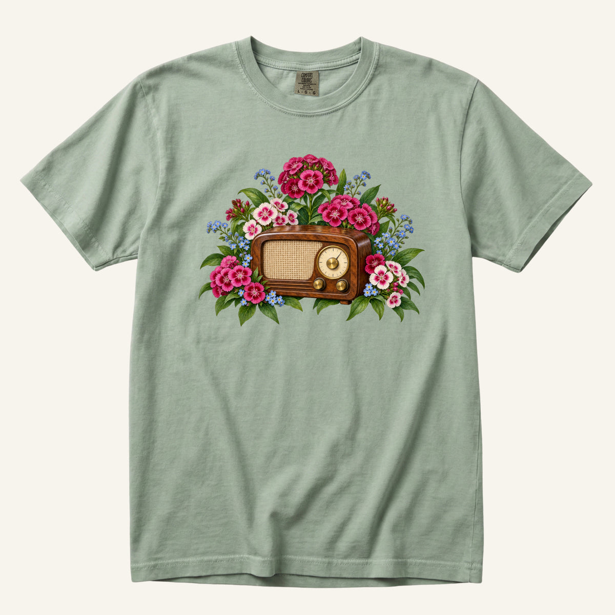 Vintage Radio & Flowers T-Shirt in Bay — a music lover gift with a softer botanical look, sizes S to 4XL