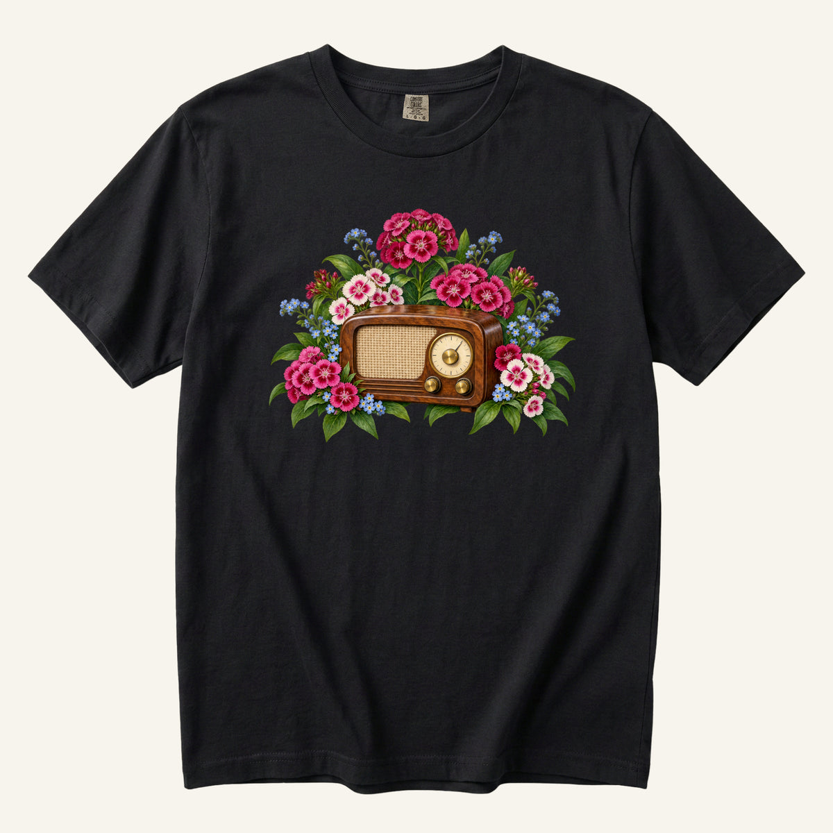 Vintage Radio & Flowers T-Shirt in Black — the pink blooms and woven speaker cloth at full contrast