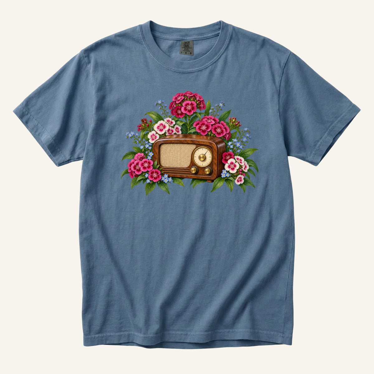 Vintage Radio & Flowers T-Shirt in Blue Jean — small blue flowers echoed in soft denim garment-dyed cotton