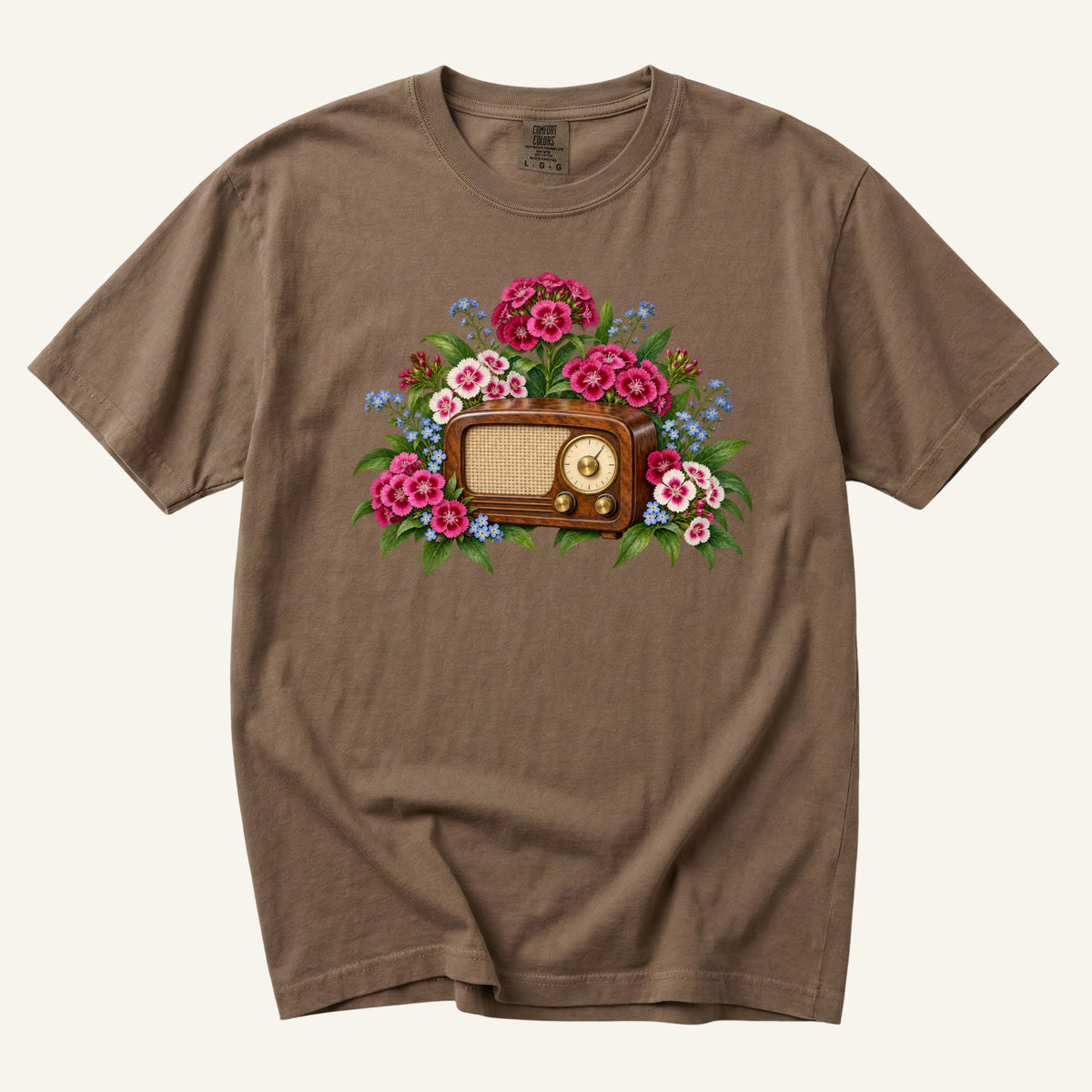 Vintage Radio & Flowers T-Shirt in Espresso — a wooden radio with a golden tuning dial among pink and crimson blossoms