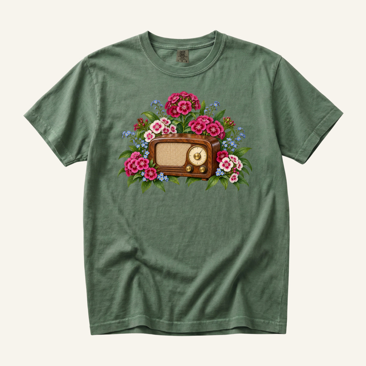 Vintage Radio & Flowers T-Shirt in Moss — retro radio and blossoms on deep green