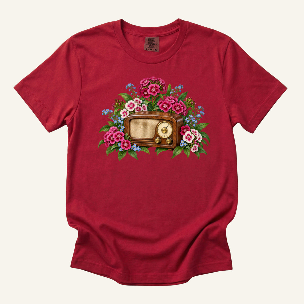 Vintage Radio & Flowers T-Shirt in Red — nostalgic music lover tee, made to order in the USA