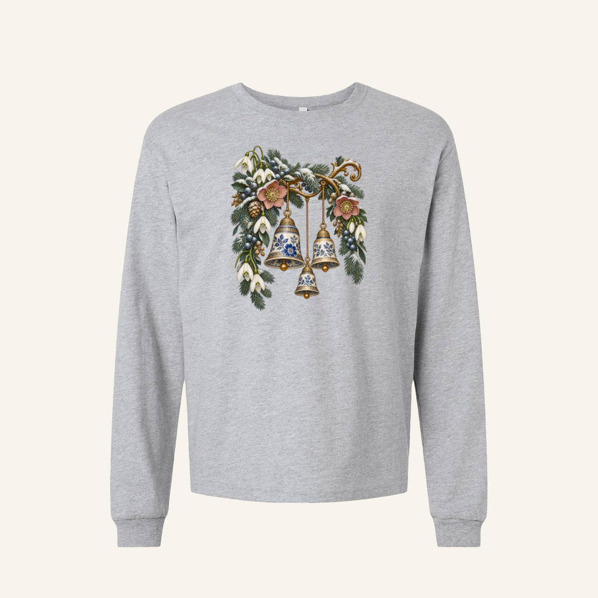 Vintage Winter Bells Long Sleeve Tee in Athletic Heather — blue-and-white porcelain bells hanging among winter botanicals and evergreen greenery