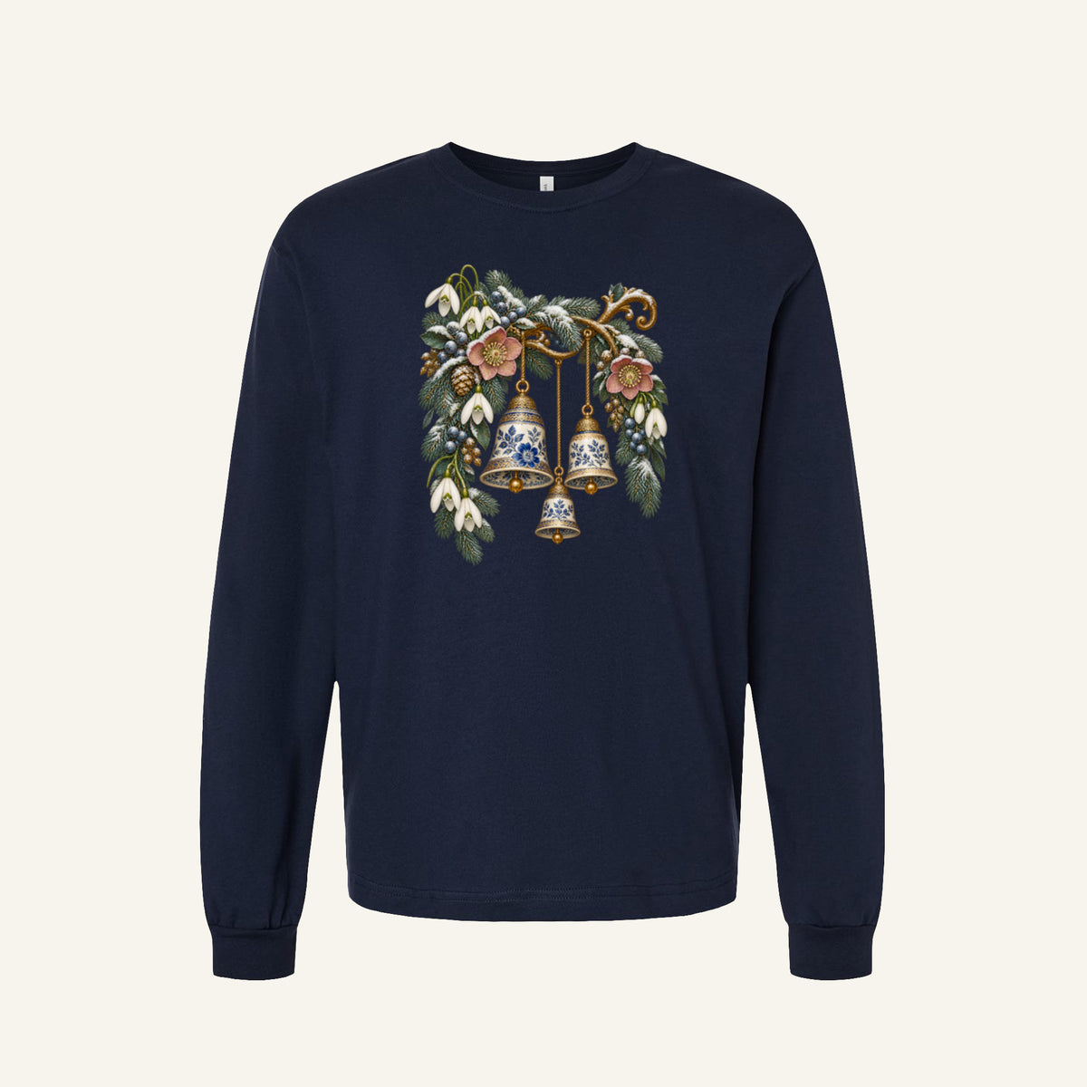 Vintage Winter Bells Long Sleeve Tee in Navy — blue-and-white porcelain bells hanging among winter botanicals and evergreen greenery