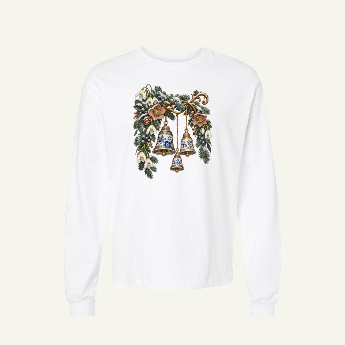 Vintage Winter Bells Long Sleeve Tee in White — blue-and-white porcelain bells hanging among winter botanicals and evergreen greenery
