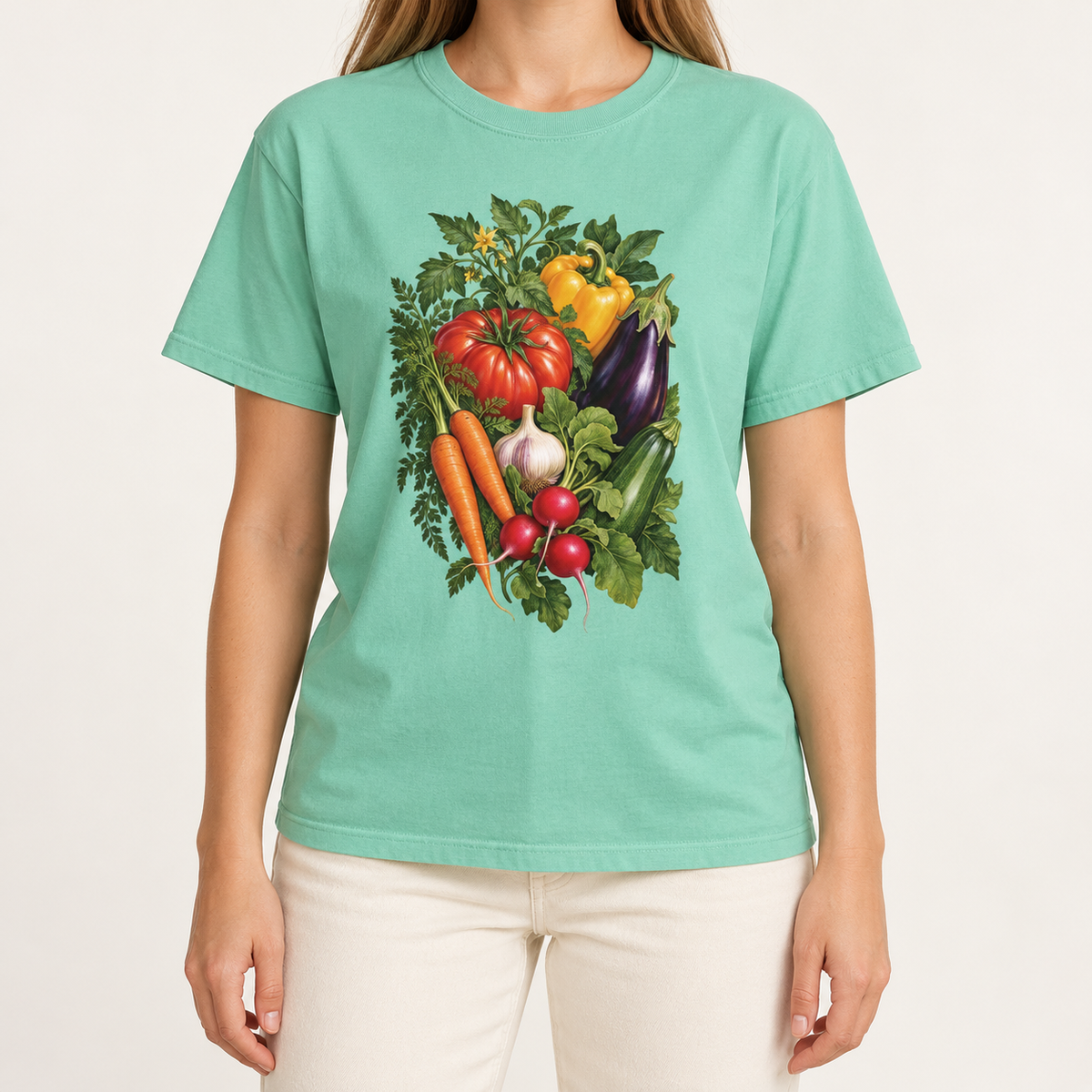 Kitchen garden harvest T-shirt – tomatoes, peppers, carrots, eggplant, radishes and garlic in a botanical bouquet, printed large on the chest of a Comfort Colors tee