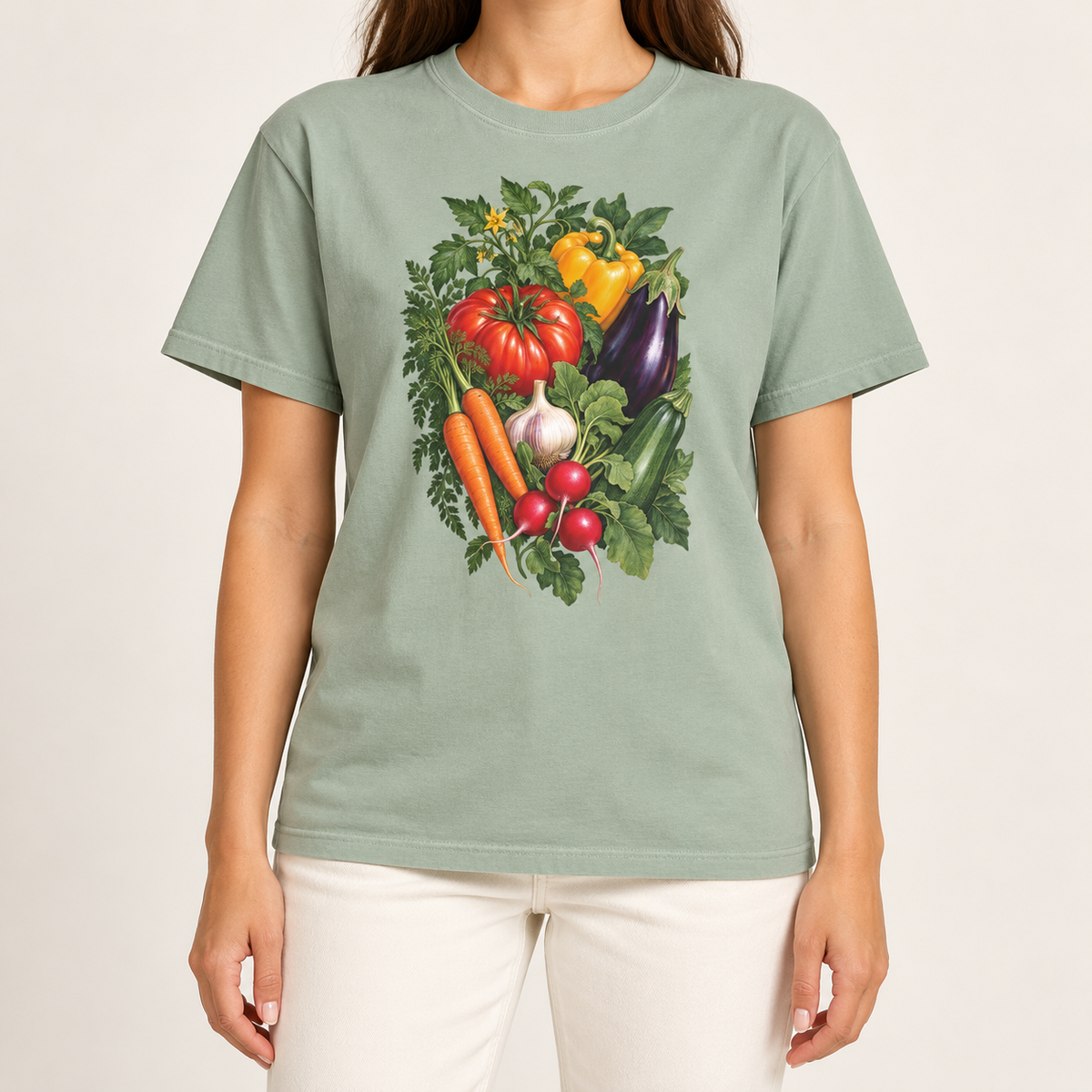 Kitchen garden harvest T-shirt – tomatoes, peppers, carrots, eggplant, radishes and garlic in a botanical bouquet, printed large on the chest of a Comfort Colors tee
