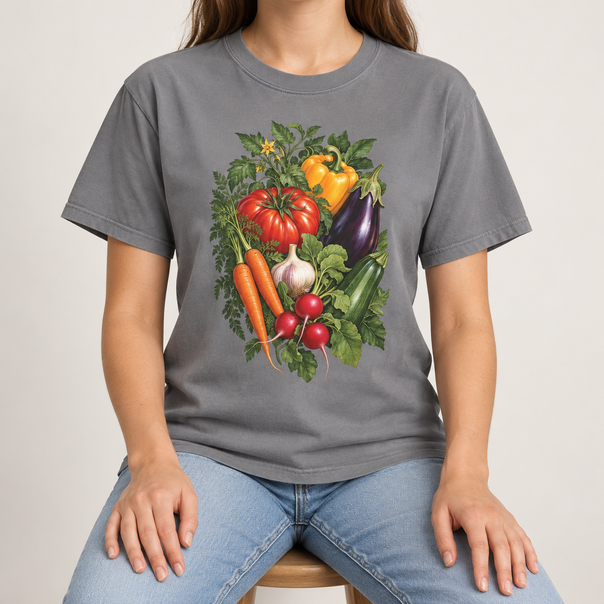 Kitchen garden harvest T-shirt – tomatoes, peppers, carrots, eggplant, radishes and garlic in a botanical bouquet, printed large on the chest of a Comfort Colors tee
