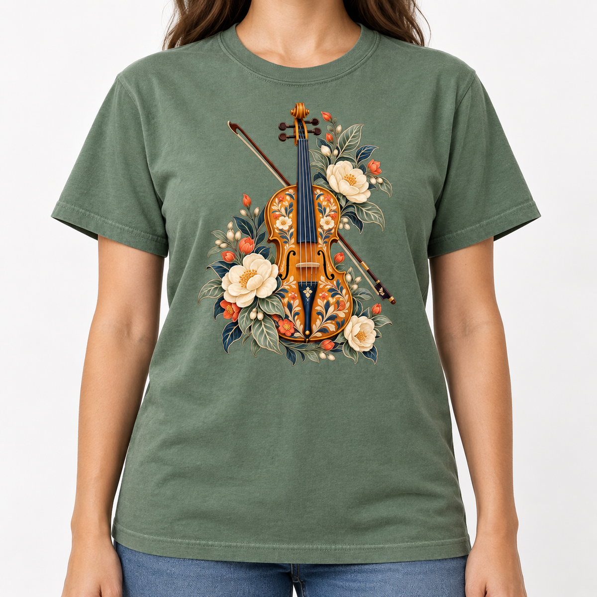 Violin and bow folk-art t-shirt shown worn, front view of the printed illustration
