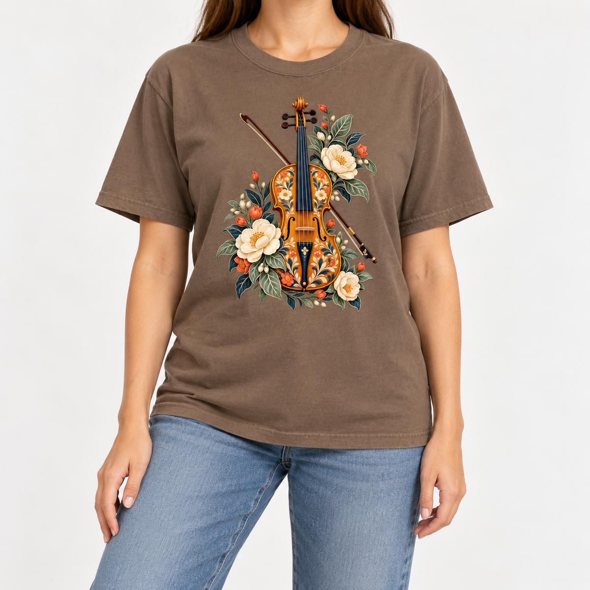 Violin and bow folk-art t-shirt shown worn, showing the relaxed unisex fit