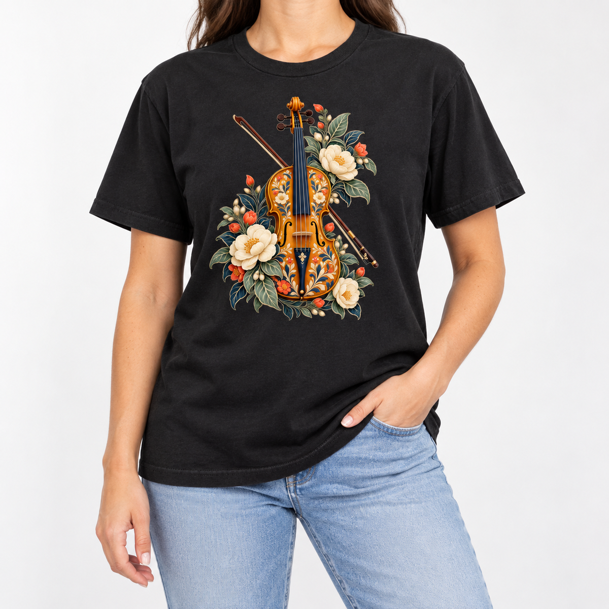 Violin and bow folk-art t-shirt shown worn, garment-dyed Comfort Colors cotton
