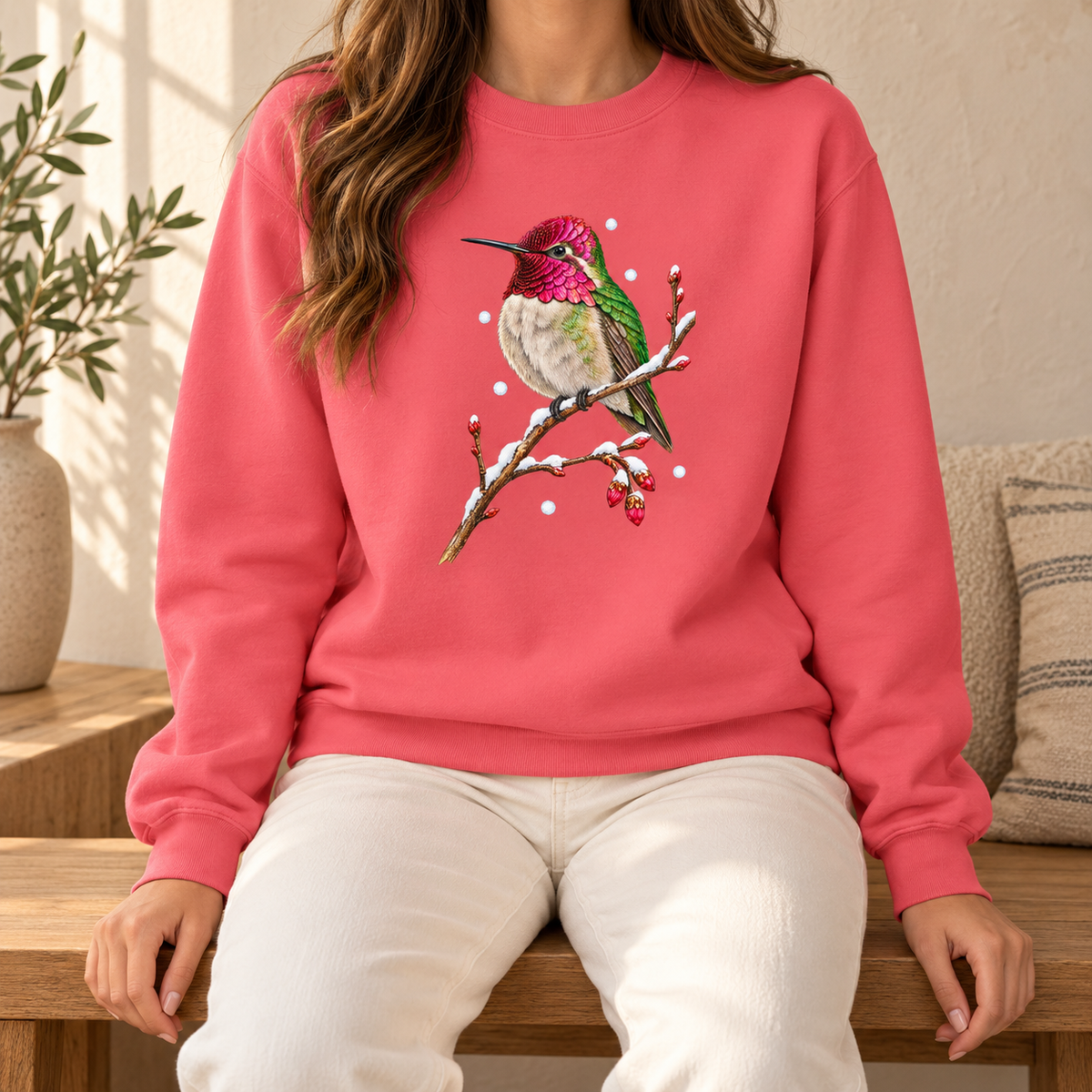 Winter Hummingbird Sweatshirt in Watermelon - a watercolor Anna's hummingbird with a magenta head perched on a snowy twig, printed on a garment-dyed Comfort Colors 1566 crewneck