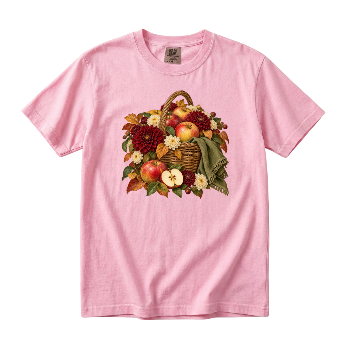 We Picked Too Many tee in Blossom, apples and autumn flowers on soft pink