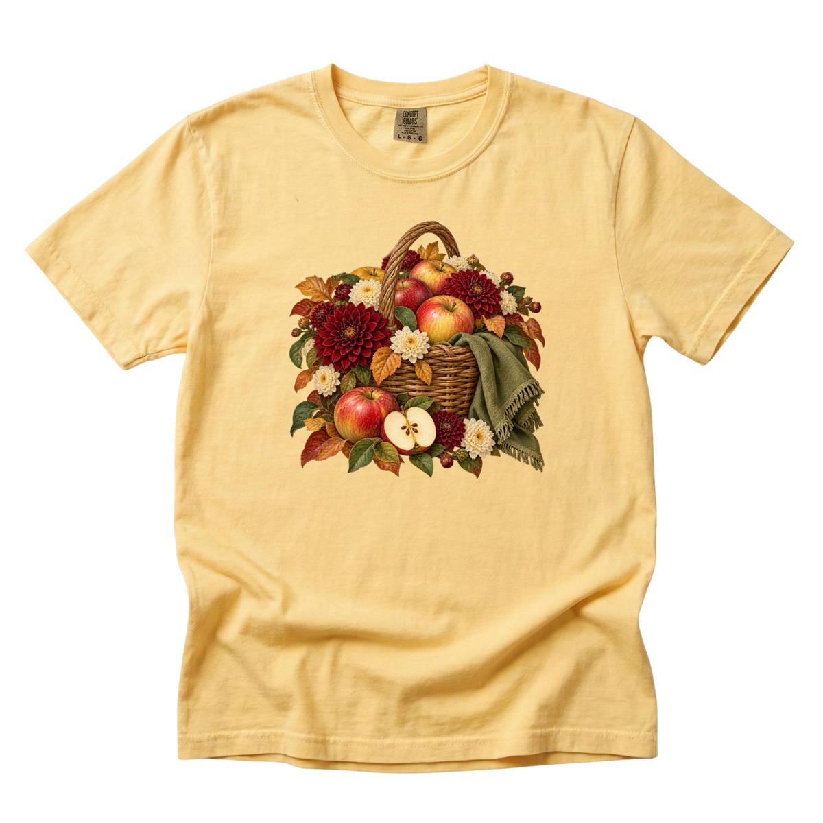 We Picked Too Many tee in Butter, a vintage botanical apple harvest basket print