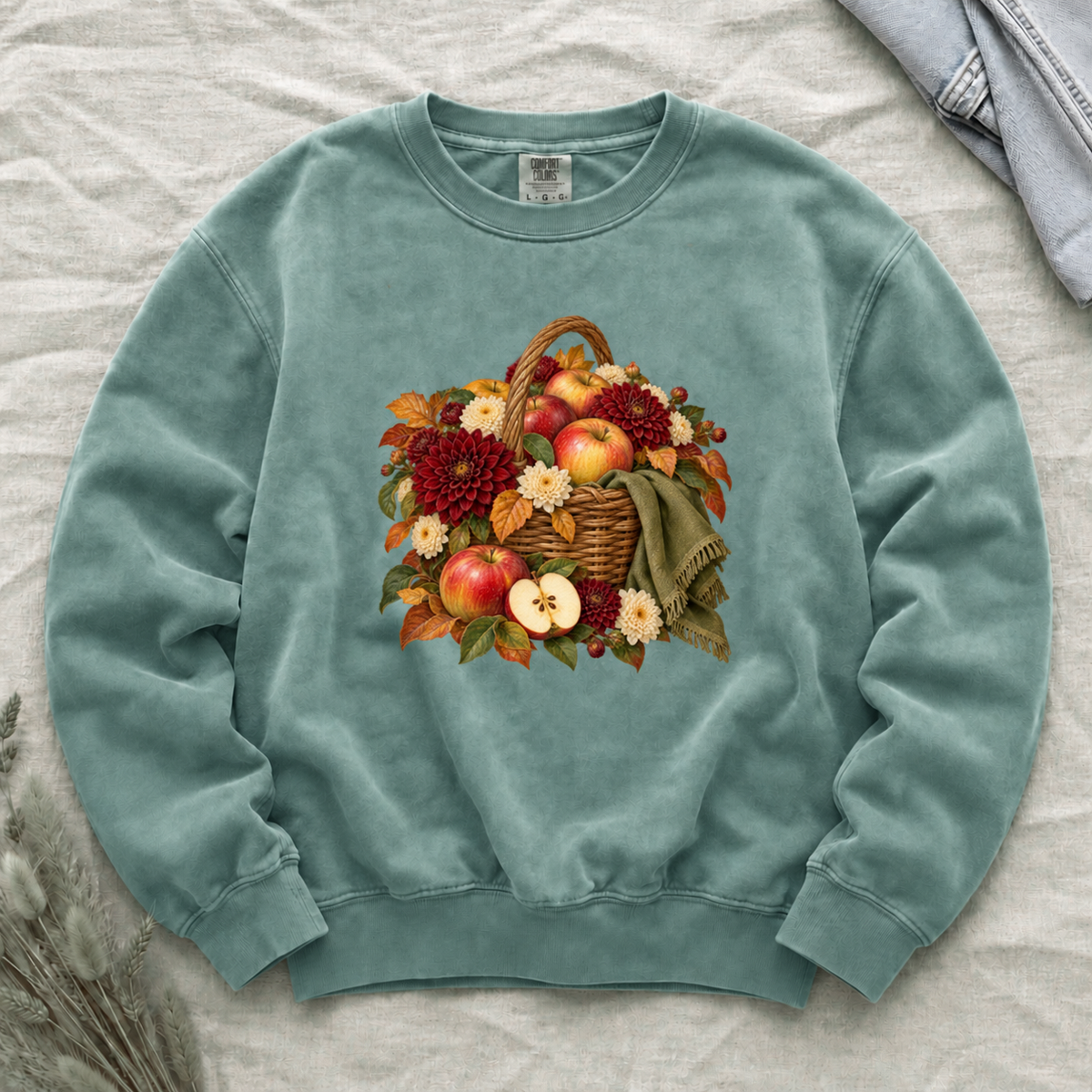 We Picked Too Many apple harvest sweatshirt in Light Green, apples with a green scarf and flowers