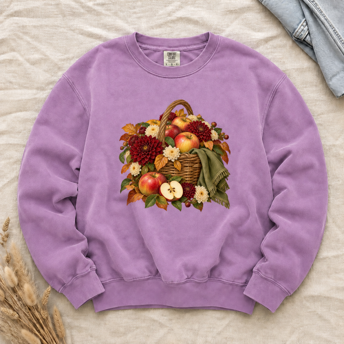 We Picked Too Many apple harvest sweatshirt in Orchid, a vintage botanical apple basket print
