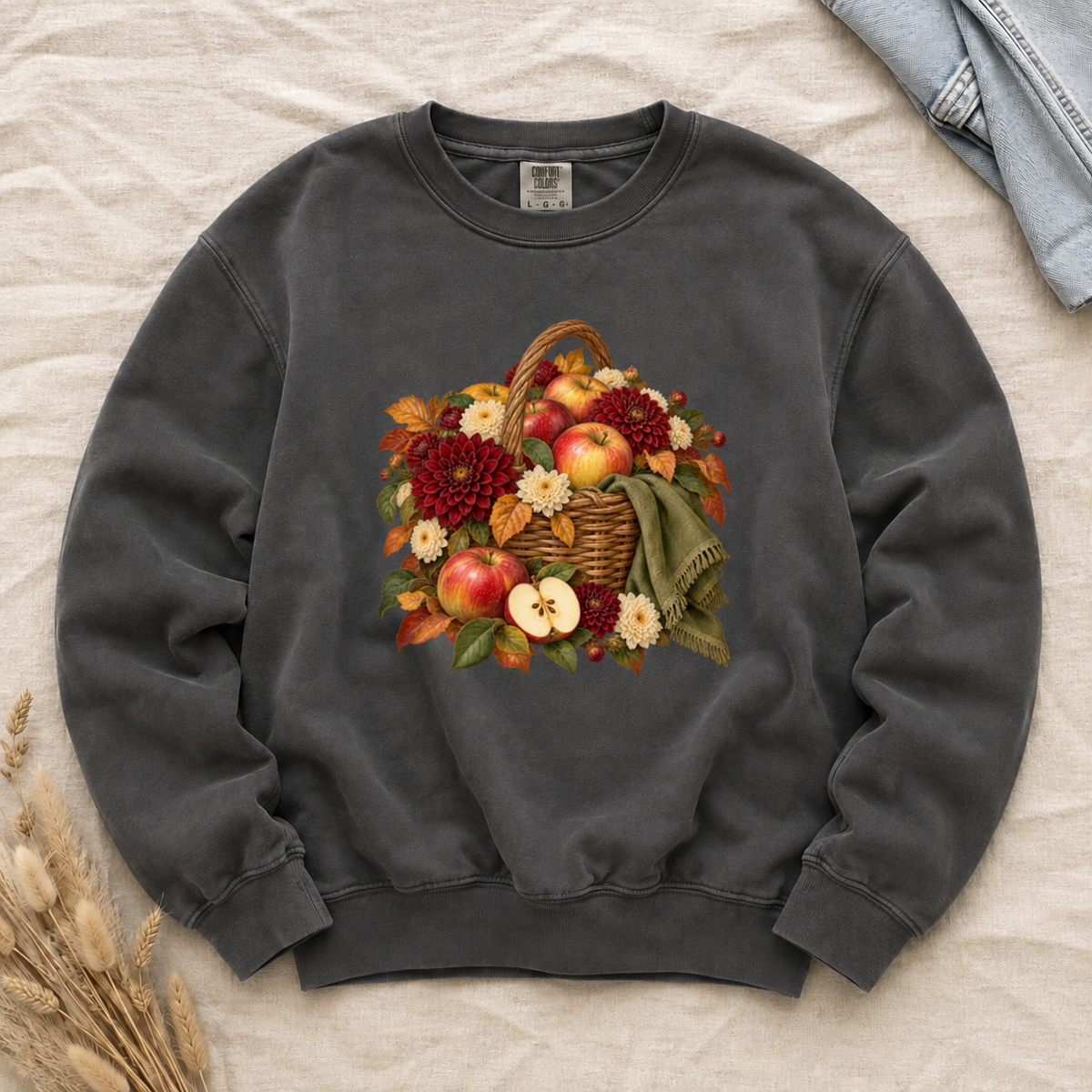 We Picked Too Many apple harvest sweatshirt in Pepper, an autumn apple basket print on dark grey