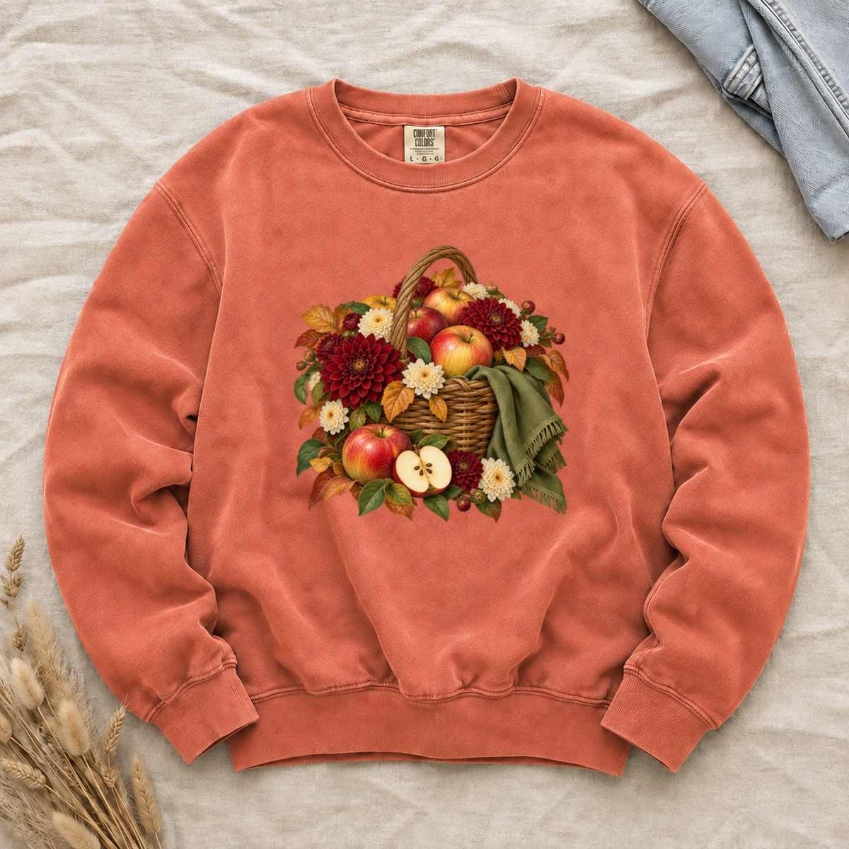 We Picked Too Many apple harvest sweatshirt in Terracotta, apples and turning leaves