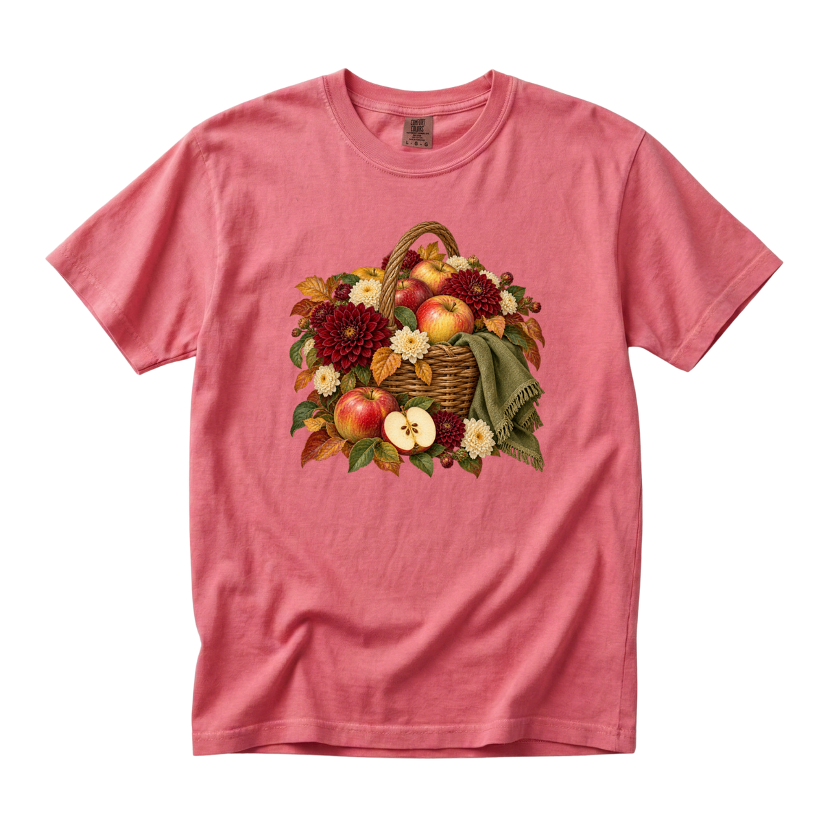 We Picked Too Many tee in Watermelon, a bright apple harvest basket print