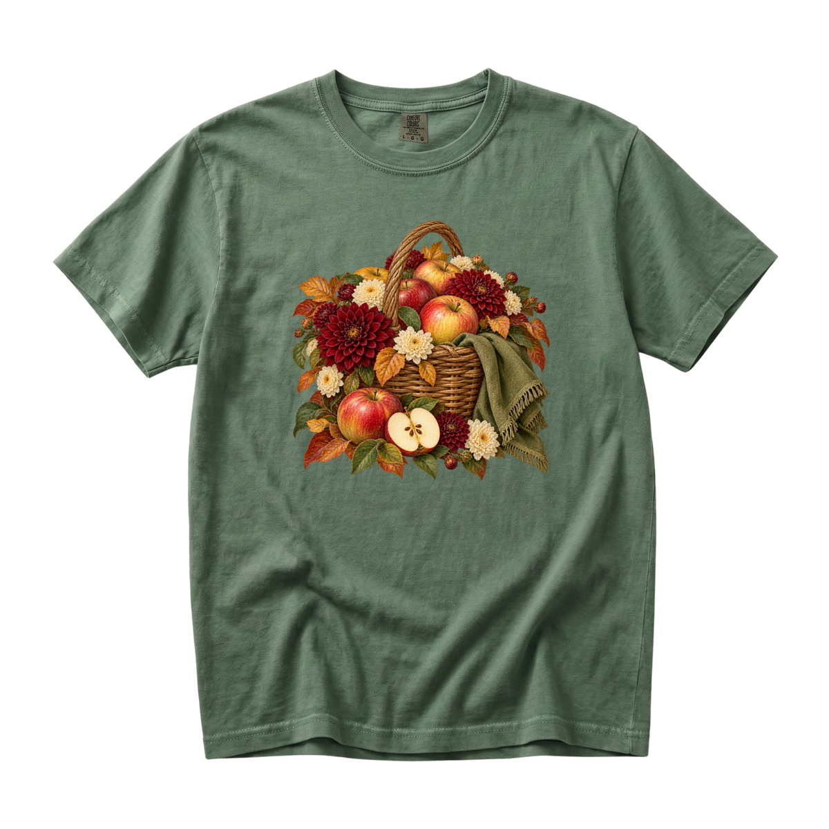 We Picked Too Many tee in Moss, an autumn apple harvest print on deep green