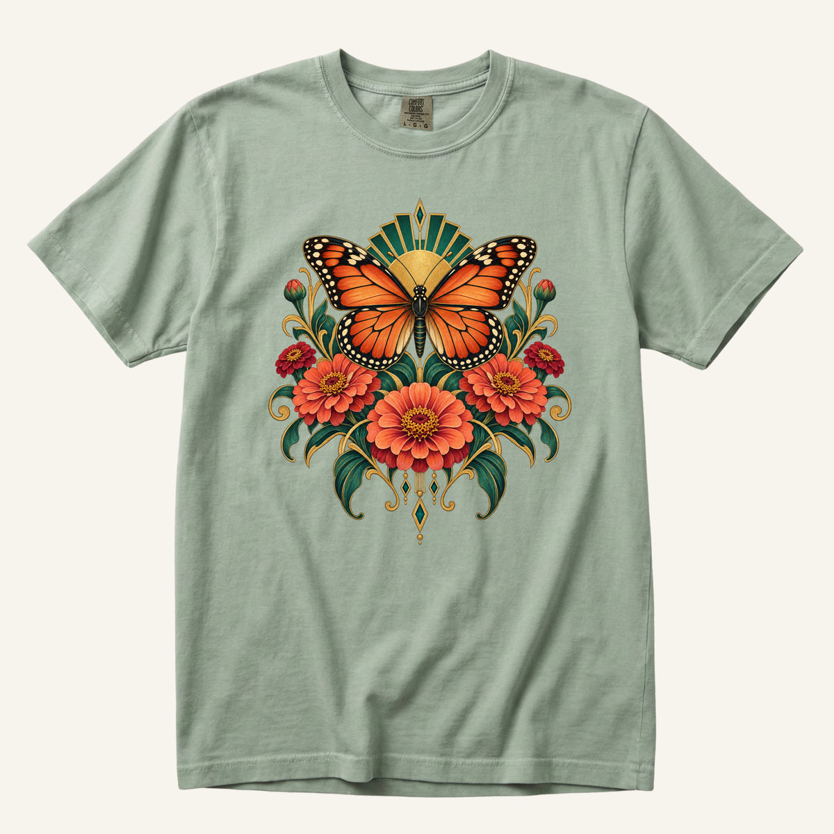Where Summer Lands T-Shirt in Bay — a softer garden palette for the butterfly and fan motif