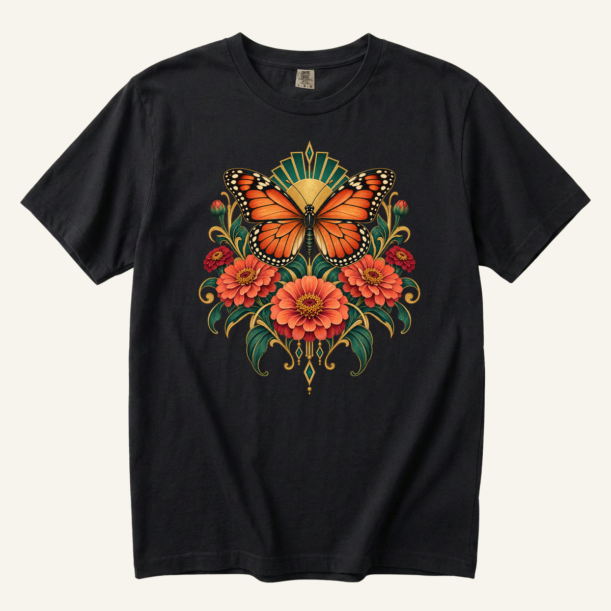 Where Summer Lands T-Shirt in Black — the orange wings and gold accents at full contrast