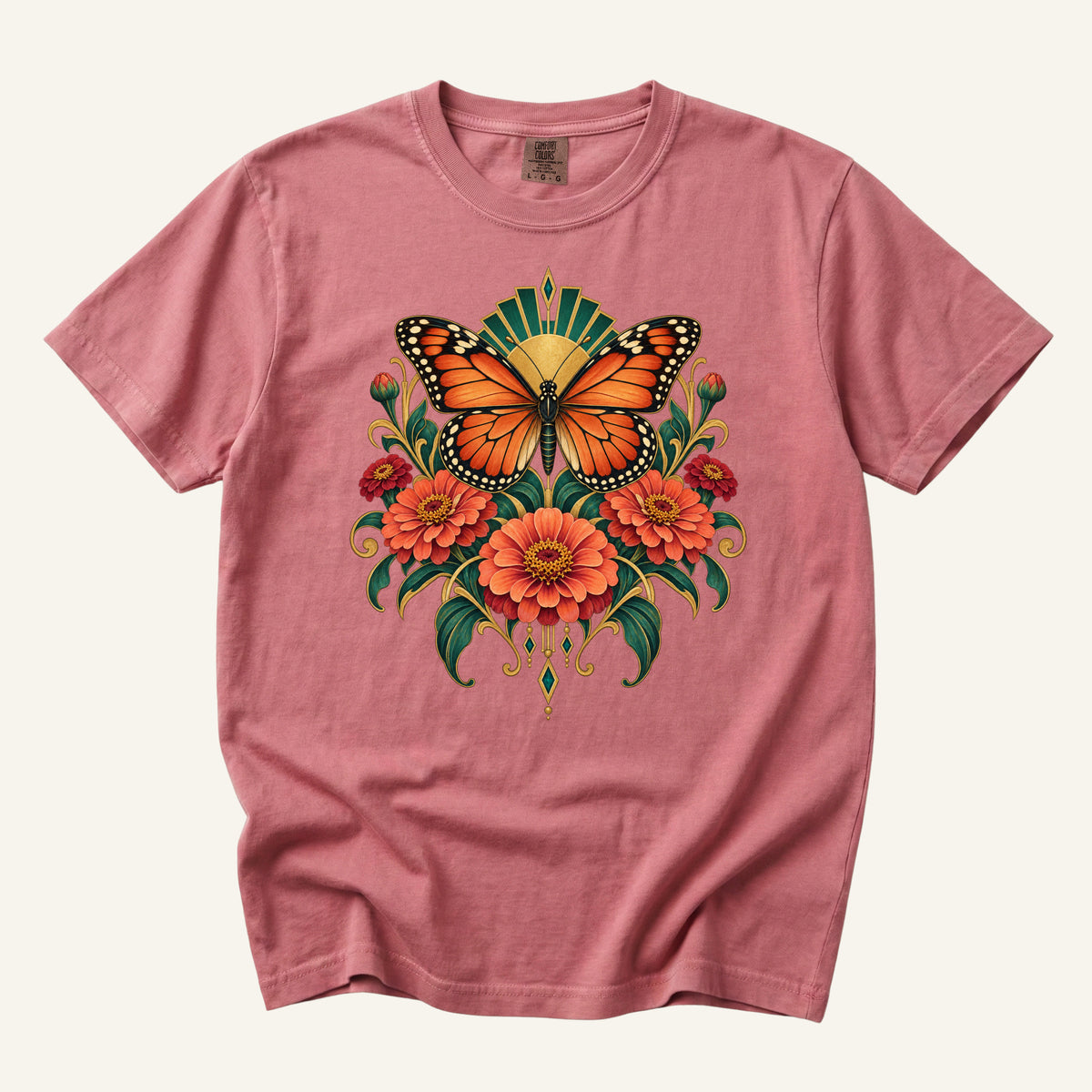 Where Summer Lands T-Shirt in Crimson — a butterfly lover gift on garment-dyed cotton, sizes S to 4XL
