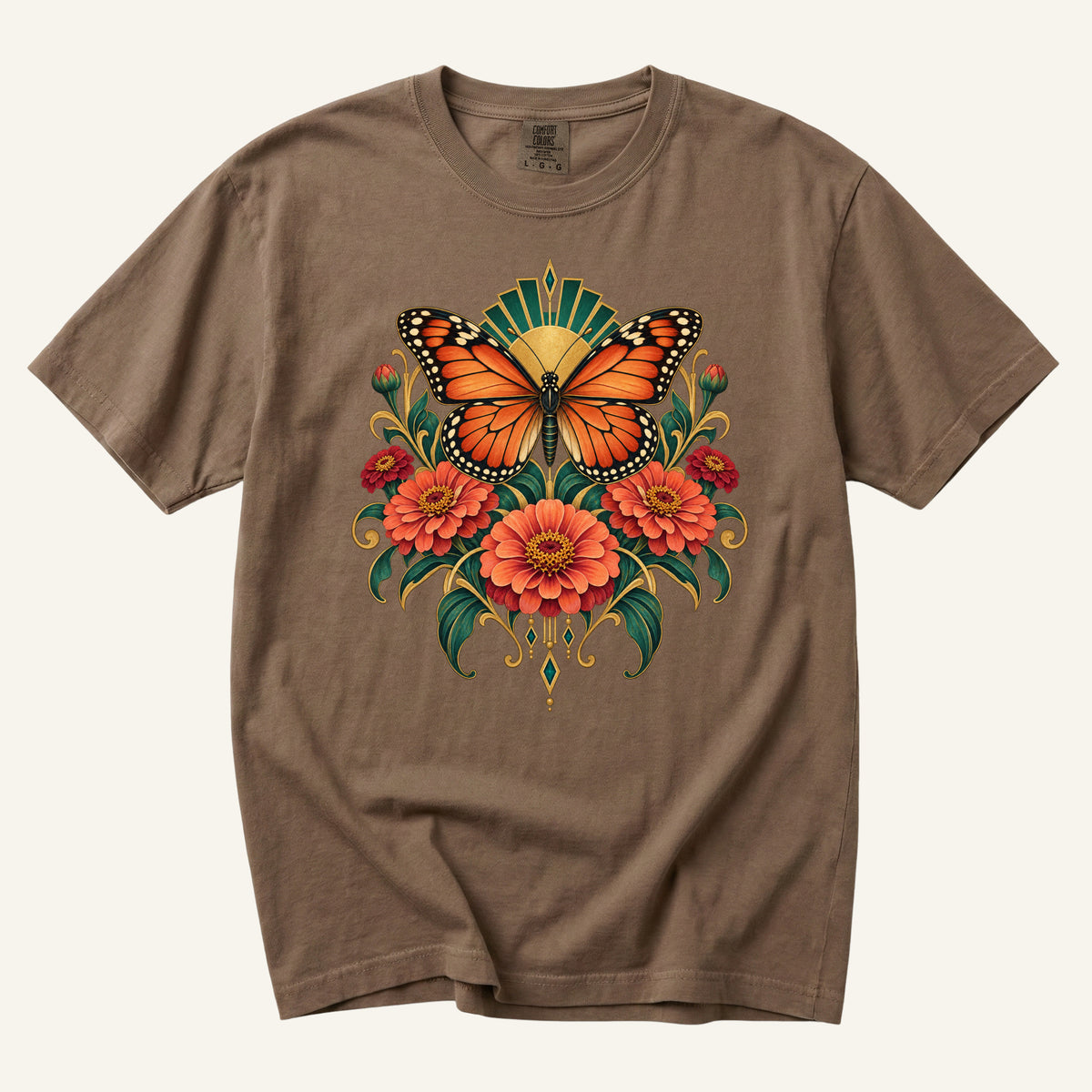 Where Summer Lands T-Shirt in Espresso — warm vintage tone behind the Art Deco botanical print