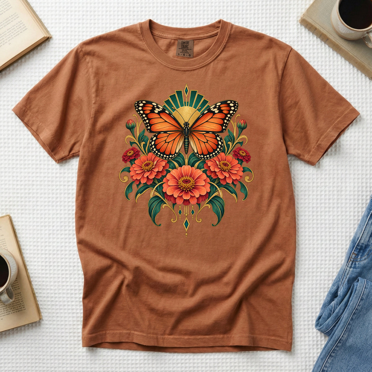 Where Summer Lands T-Shirt in Yam — warm harvest tone with the golden butterfly print
