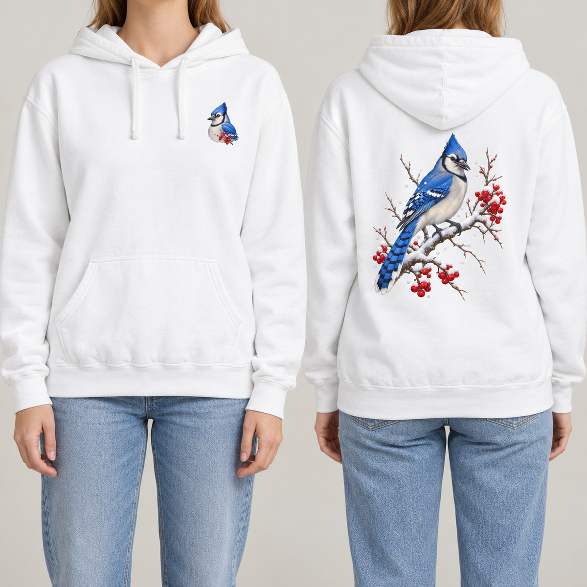 Blue Jay Winterberry hoodie in White, front blue jay crest and back print shown side by side