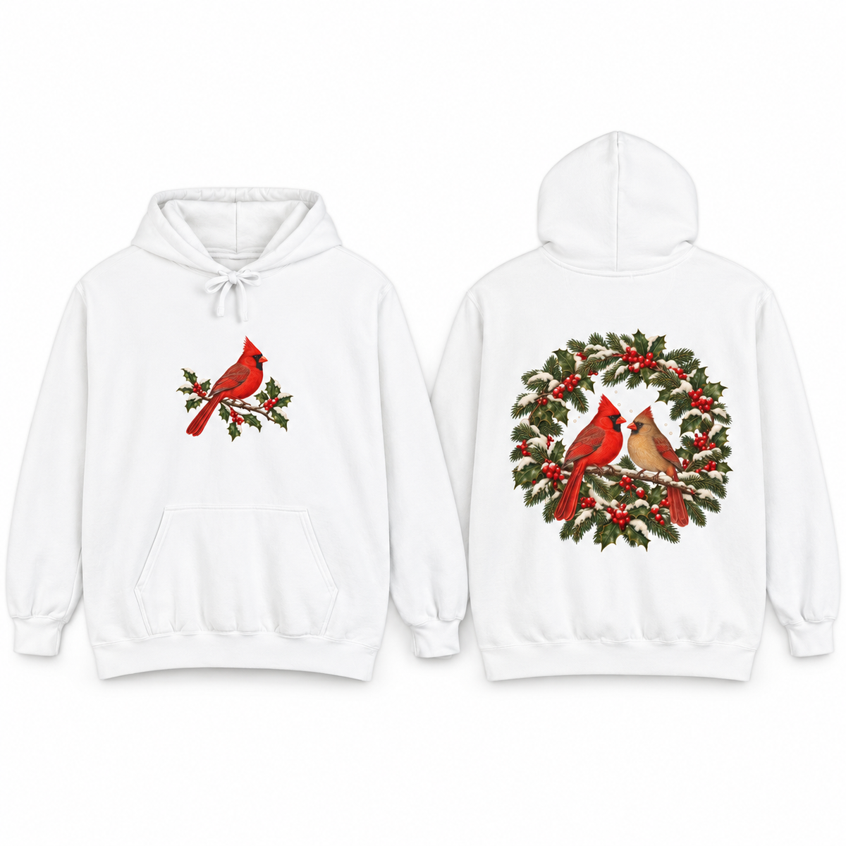 Winter Cardinal hoodie in White, front and back prints side by side