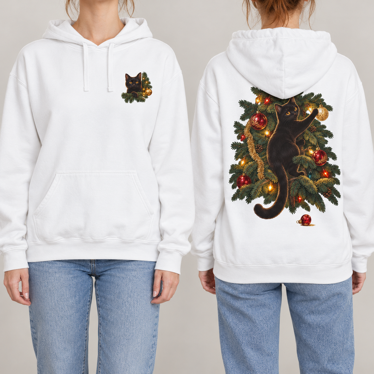 Black Cat Christmas hoodie in White, front crest and back scene shown side by side