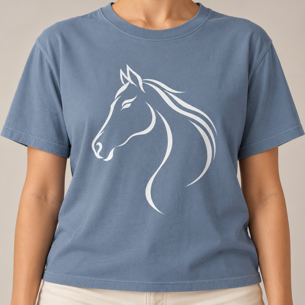 Flowing White Horse Profile T-Shirt in Blue Jean - white line-art horse on a washed denim blue Comfort Colors tee