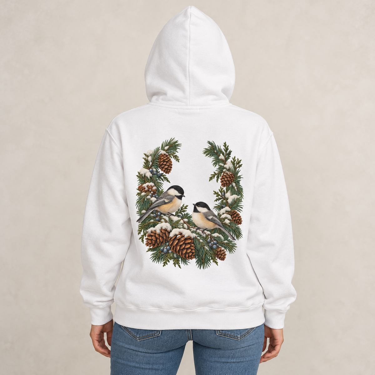 Winter Chickadee hoodie in White worn, back view with the chickadee and pinecone wreath