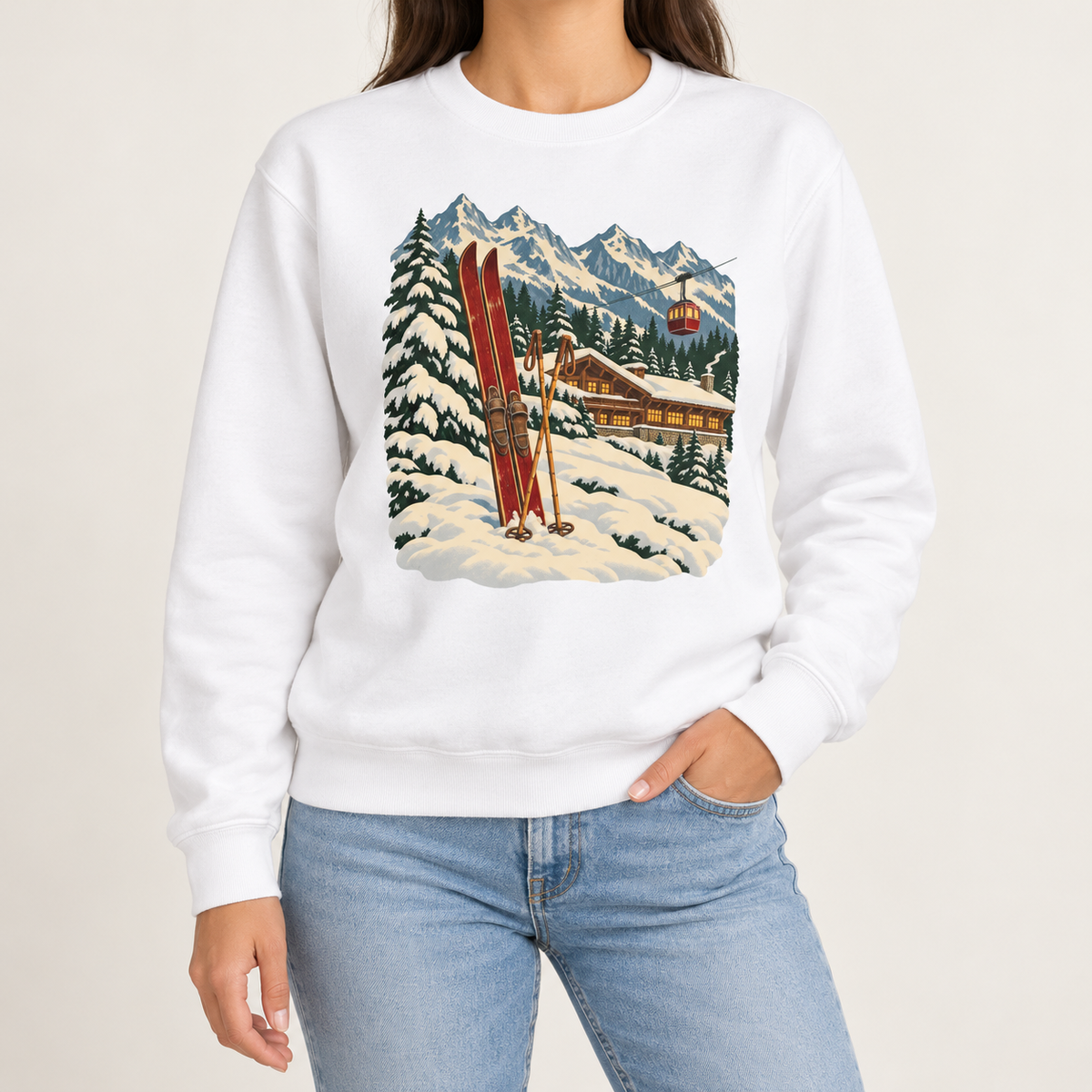 Apres ski sweatshirt in White – vintage red wooden skis and poles in the snow, a lit timber ski lodge, a red gondola and snowy peaks, printed large on the chest of a Comfort Colors crewneck