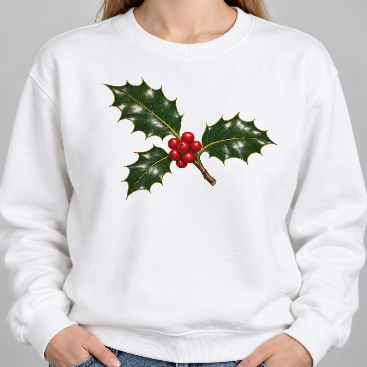 Holly sweatshirt in White worn, close view of the vintage holly print