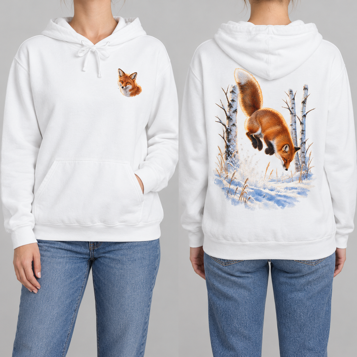 Red Fox Pounce hoodie in White, front fox crest and back pounce print