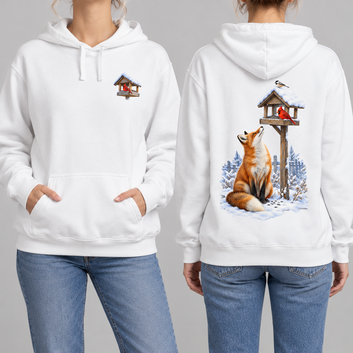 Beneath the Feeder hoodie in White, front cardinal feeder crest and back fox print